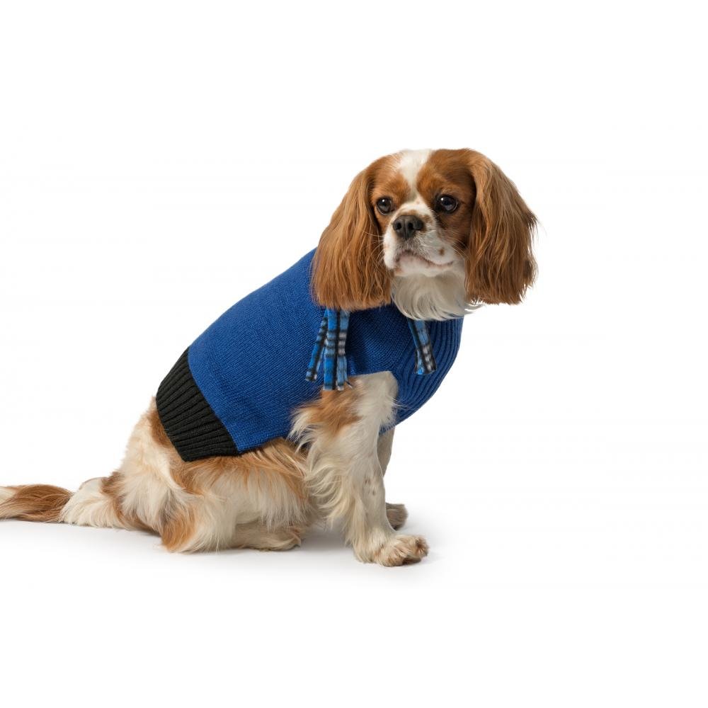 Ancol Scarf Dog Jumper in Blue, Stylish Check Pattern Sweater with Matching Scarf, Warm and Snug Ribbed Hem for Pet Comfort
