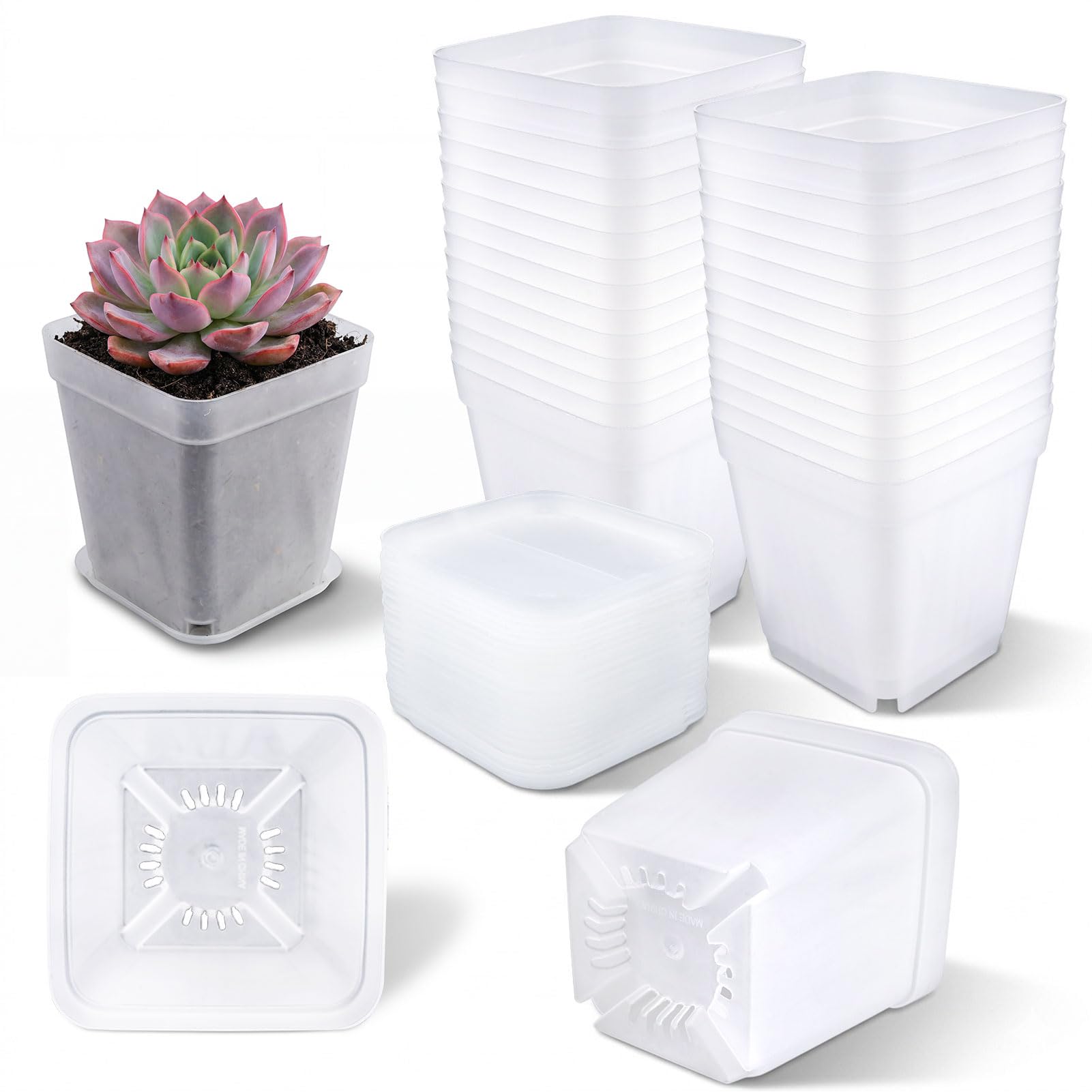 Ronyes 28 pcs Square Nursery Pots Plastic with Saucers, 7cm Reusable Seedling Starter Pots Frosted Mini Planters for Indoor/Outdoor Plants