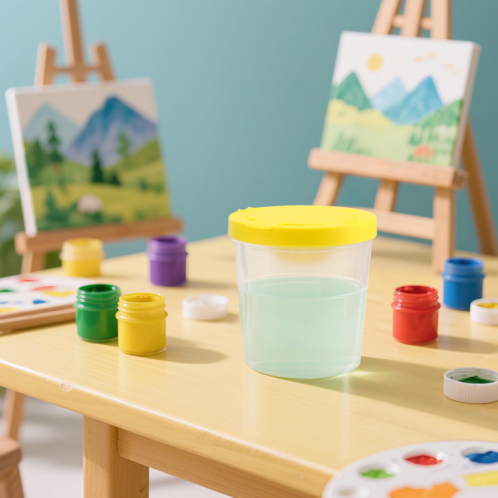 32 bicchieri colorati con coperchio, in plastica, 7 cm, con protezione anti-fuoriuscite, per pittura artistica