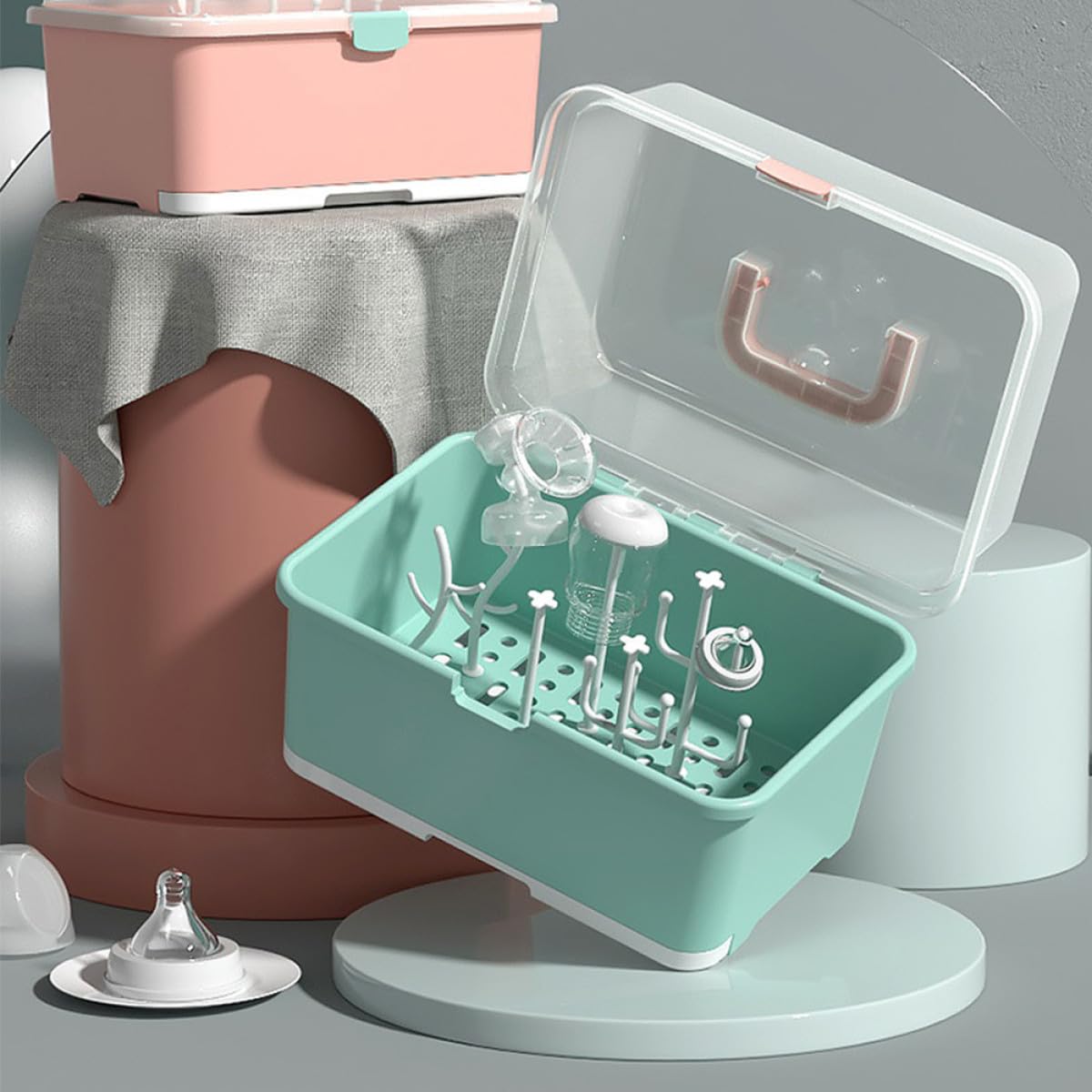 Scatola Asciuga Biberon in Plastica Verde Chiaro Manico