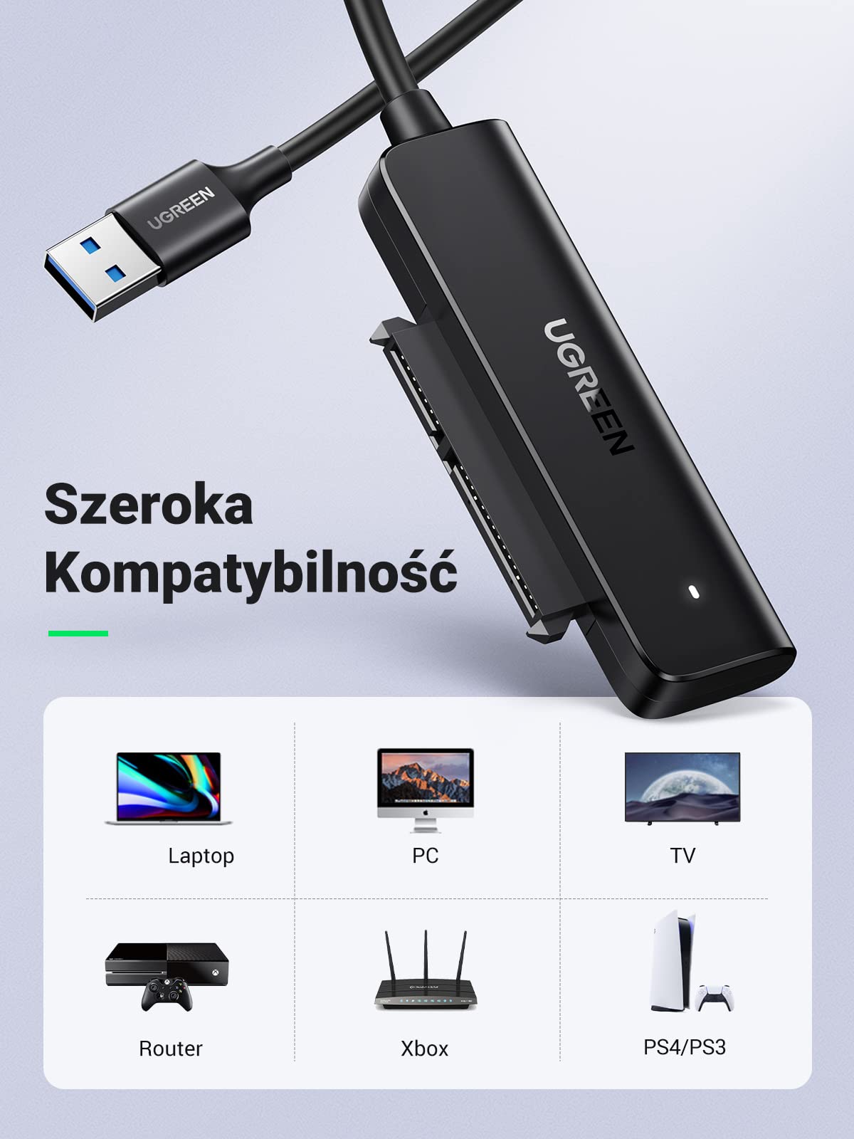 UGREEN USB 3.0 Adapter SATA do 2,5 Calowego Dysku Twardego 5Gbps 6TB Kompatybilny z Windows Mac OS Linux PS4 PS3 Xbox PC, 0.5m