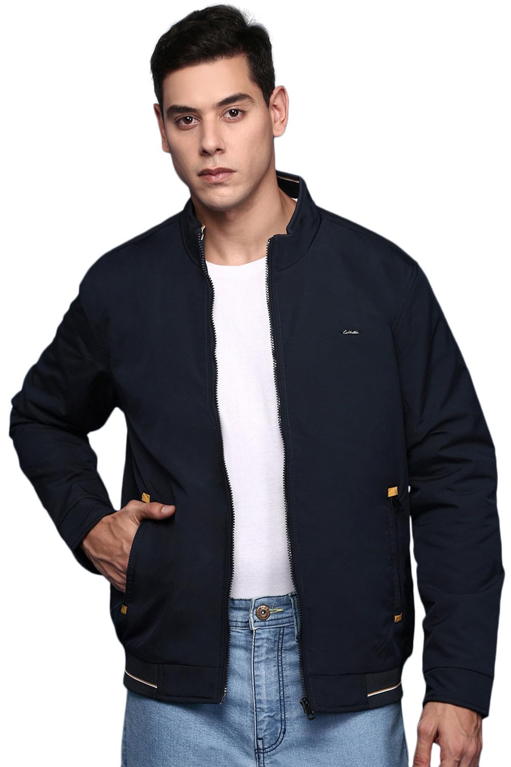 SHOWOFF Men's Mock Collar Solid Navy Blue Bomber Jacket-PC-10355_NavyBlue
