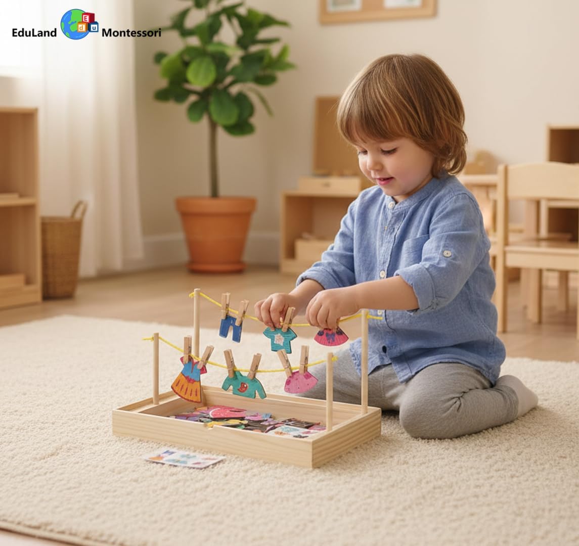 Montessori Practical Life Clothes Hanging Job Rope Strings Hanging Clothes with Clothespins Airing Clothes Montessori Classroom Clothes Hanging Dress-Up Game for 2-6 Years Old Toy Educational Gift image 3