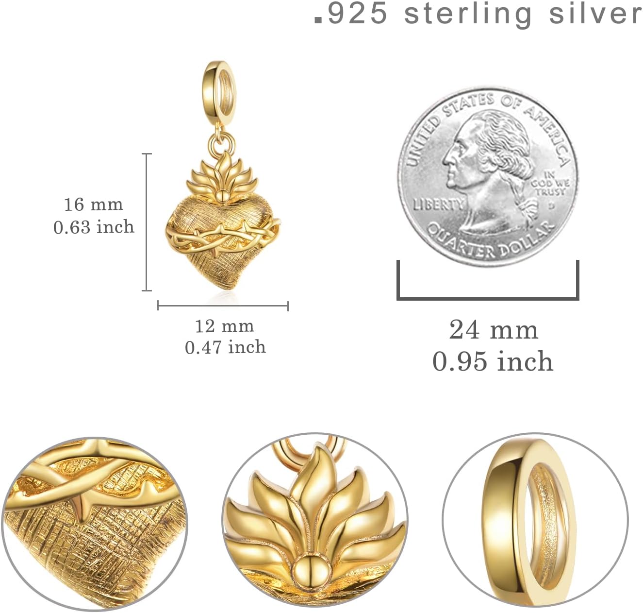 Sacred Heart of Jesus Charm 925 Sterling Silver Sacred Heart Charms for Bracelets Religious Jewelry Gifts for Women - Image 4