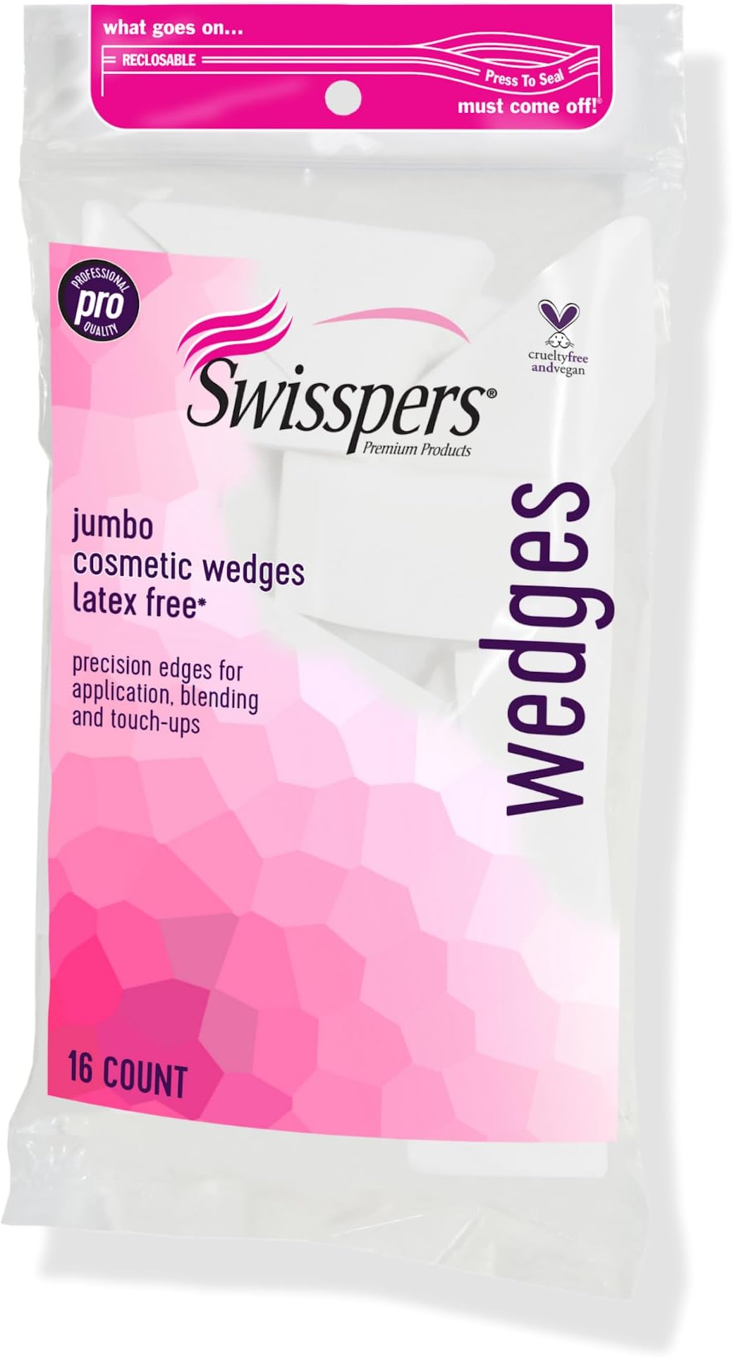 Swisspers Premium Pro Cosmetic Wedges, Latex-Free Makeup Wedge, Jumbo Size, 16 Count Bag