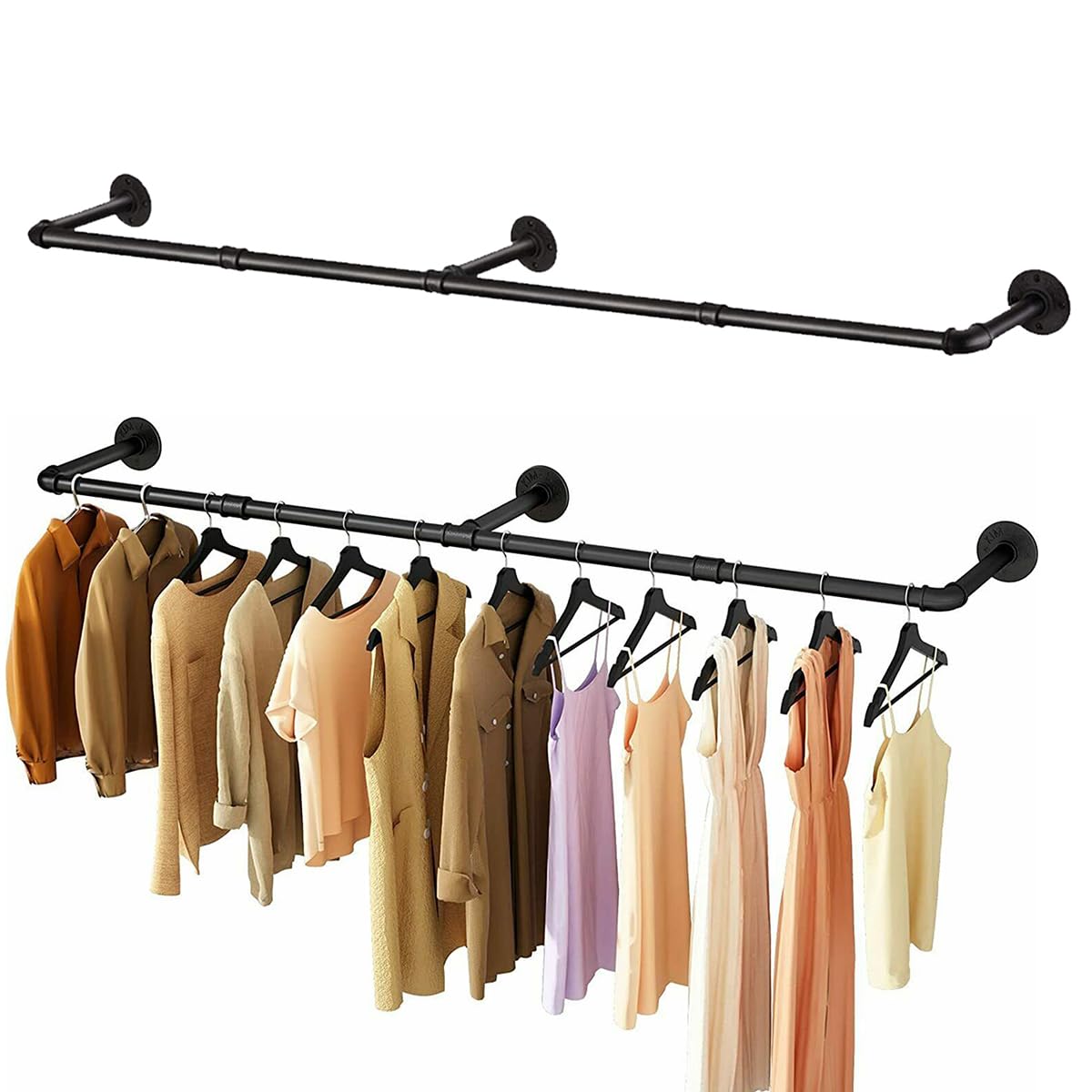 TOTEBOX 2PCS Long Pipe Clothes Rail for Wall, Set of 2 Heavy Duty Iron Pipe Garment Rack, 184cm Clothing Hanging Rail for Bedroom Shop