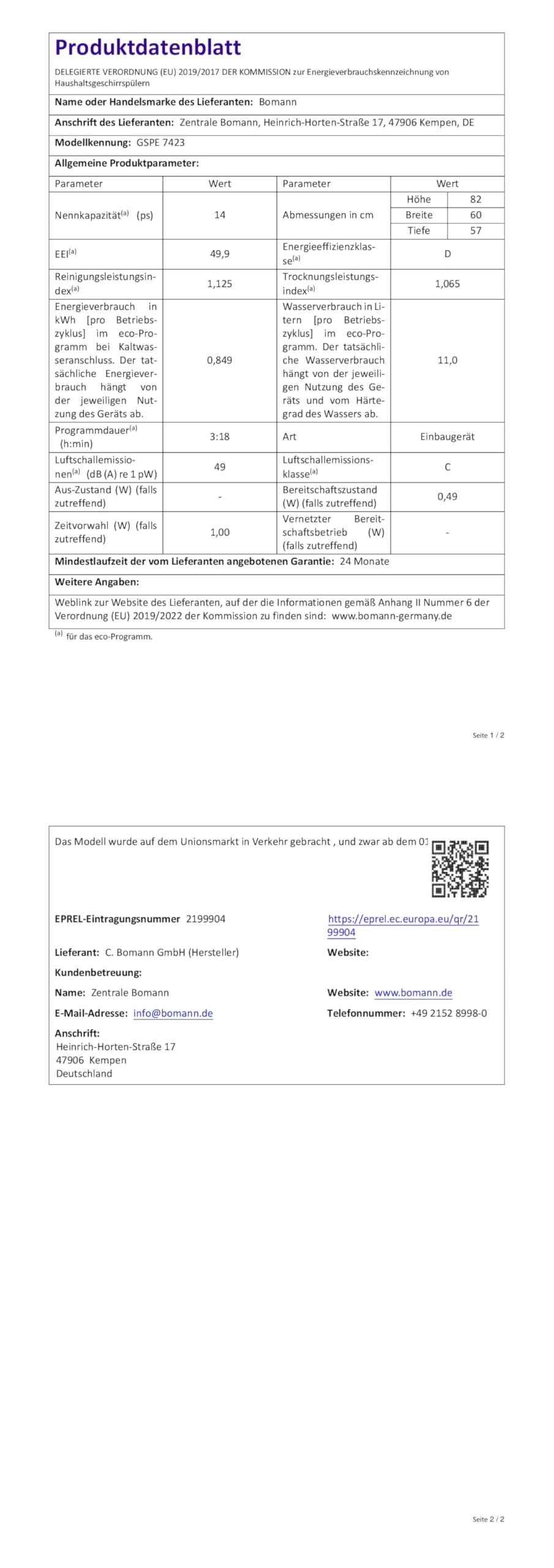 Bomann Spülmaschine Geschirrspüler 60cm, teilintegrierte Ausführung, sehr leise, Spülmaschine teilintegriert 60 cm, automatische Türöffnung, inkl. Aquastop, 40°-65°C, 6 Programme - GSPE 7423 TI