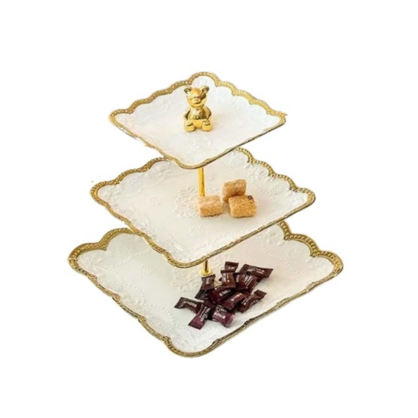Hhaoran-9868 Tiered Serving Tray Gold-rimmed Golden Bear Ceramic Fruit Platter, Cake Stand, Multi-Tier Dessert Display Cupcake Stand(Large)