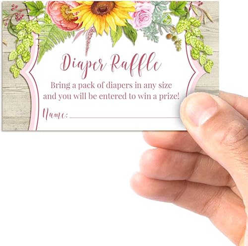 Miniatura 5 de Amanda Creation Boletos para sorteo de pañales florales de girasol, dalia y peonía para baby showers, 20 insertos de doble cara de 2 x 3 pulgadas,