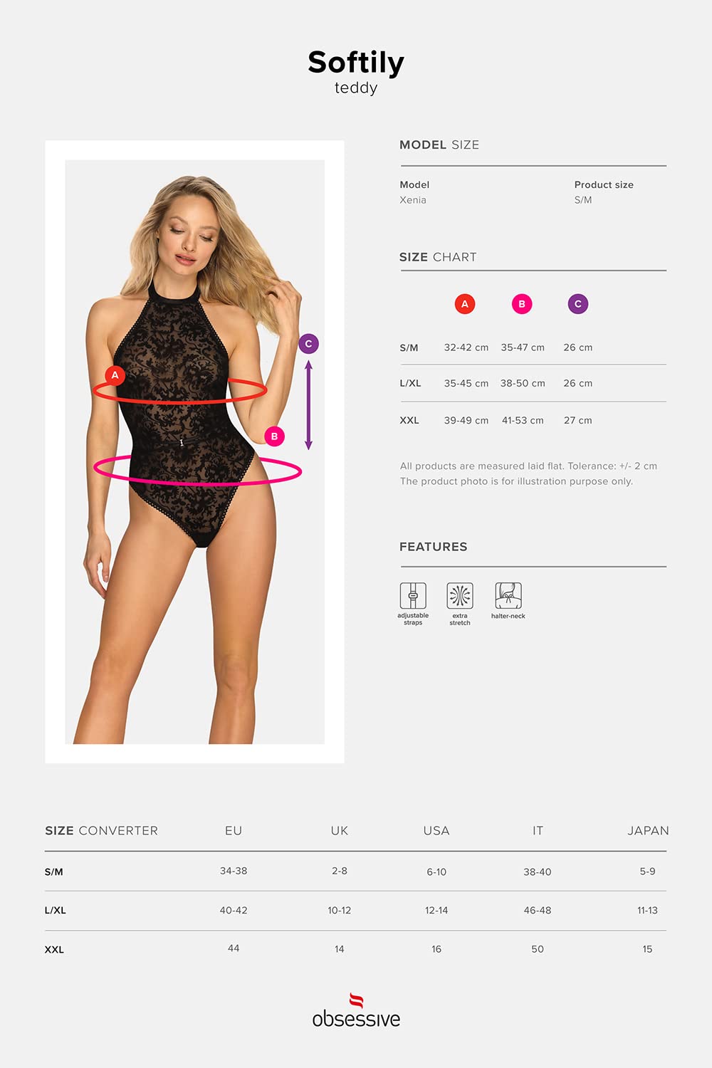 Obsessive. Frauen Dessous Teddy Body in schwarz mit Neckholder und Spitze transparent erotisch aus Stretch elastisch