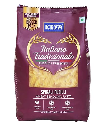 Keya Fusilli Pasta 1kg, 100% Durum Wheat Pasta | Vegetarian | No MSG | Low in Calories | No Trans Fats | Healthy | Cooked in 10 Minutes