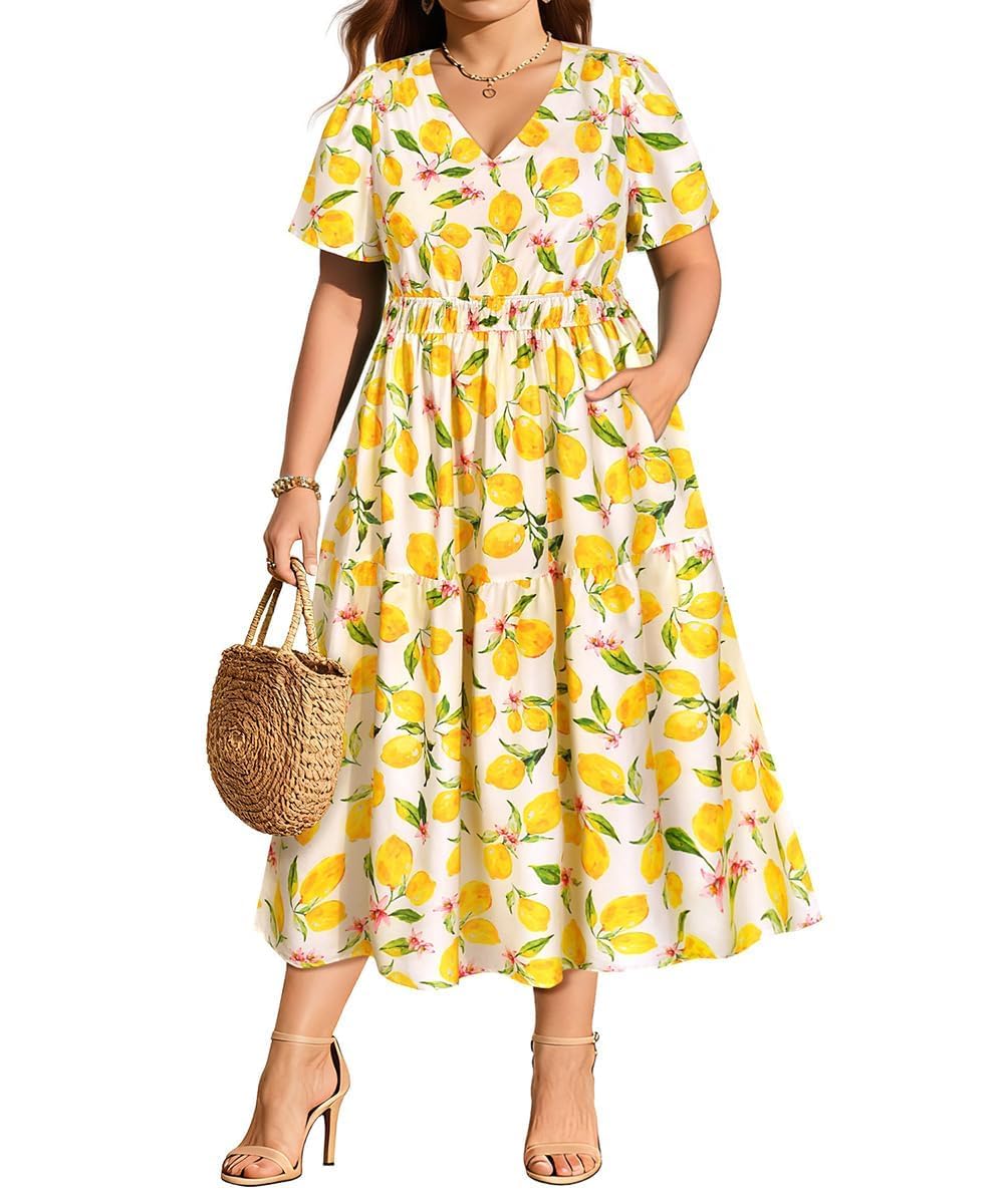 RITERA Kleid in Übergröße, für kurvige Frauen, V-Ausschnitt, kurzärmelig, langes Sommerkleid, gesmokt, Strand, Urlaub, Hochzeit, Böse, Größe XL - 5XL