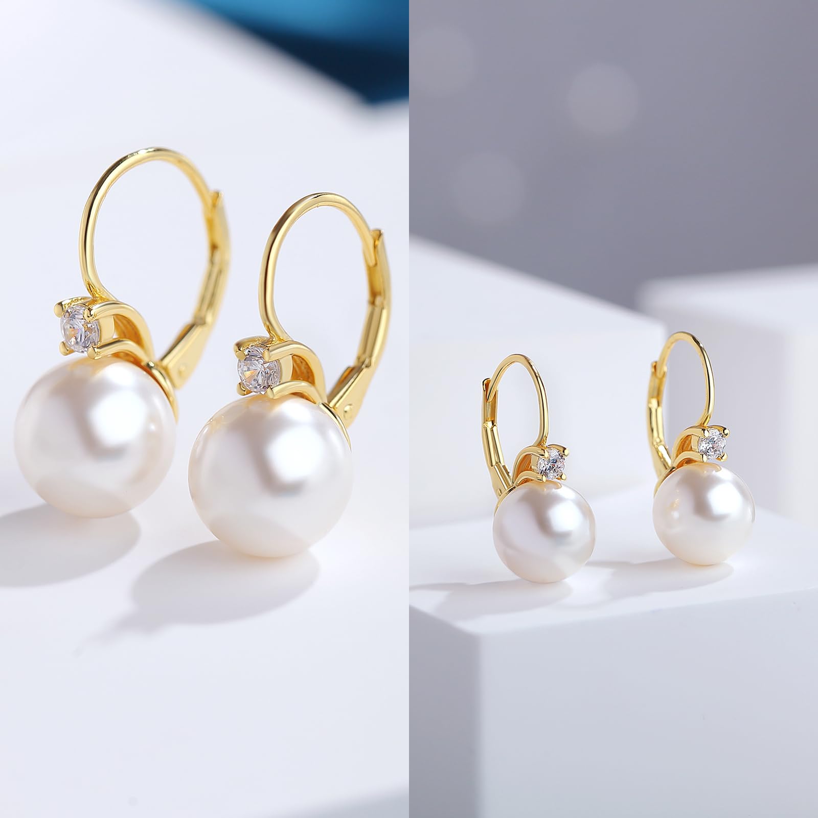 Perlen Ohrringe Hängend 18K Weißgold plattiert S925 Sterling Silber mit Weißen Perlen und AAAAA Zirkonia Kristallen für Damen
