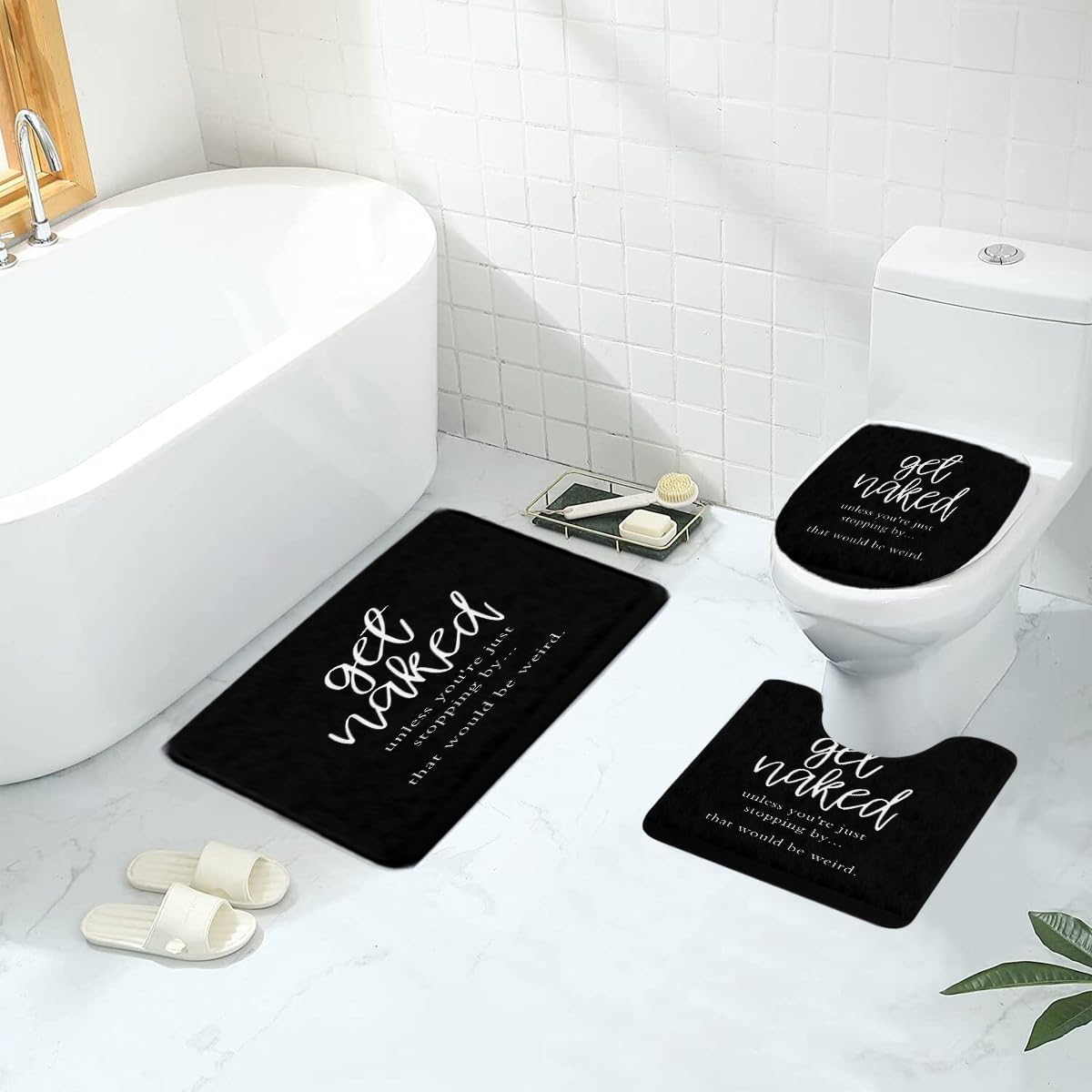 Get Naked Shower Curtain Set Funny Quotes Inspirational Black Unique Modern Polyester Mat 4 Pcs Bathroom Decor Mat Toilet Lid Cover U Shaped Non-Slip Rug Fabric Polyester 60x72 Inch