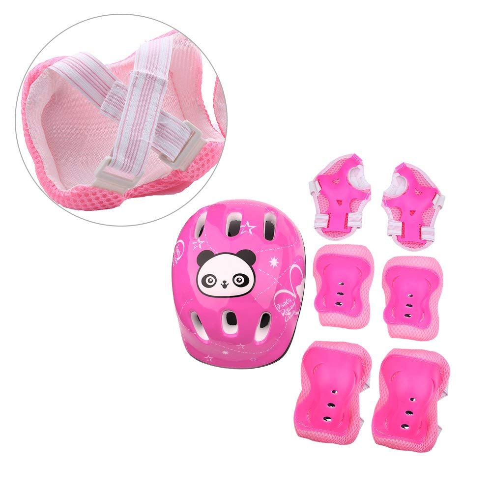 Genouillères Coudières Garde-Poignets, Protecteurs de Coude de Poignet de Genou 7pcs / Set Ensemble Equipement pour Planche à roulettes pour Enfants(Rose)