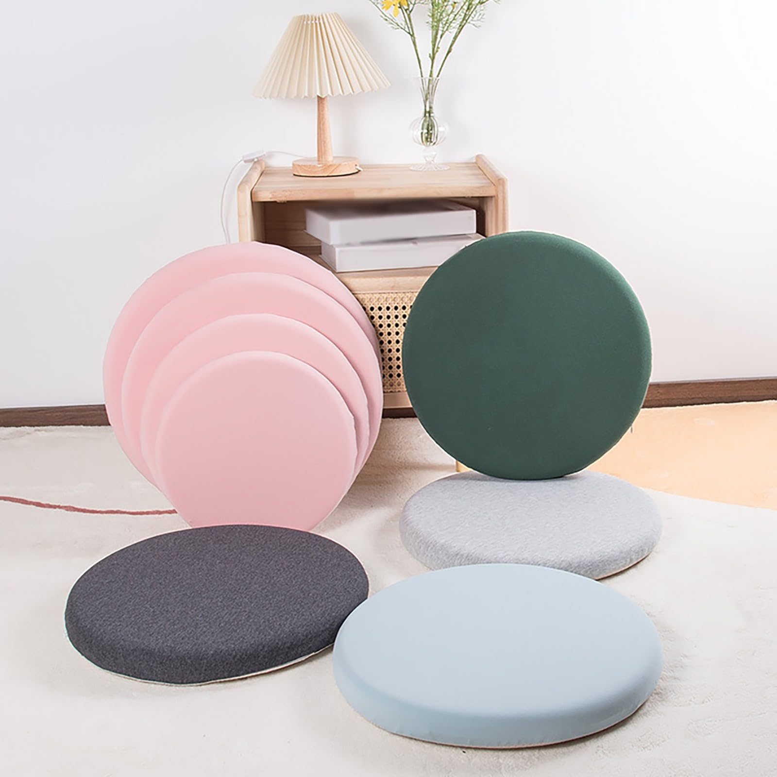 4er Set Sitzkissen Rund 35x35 cm - 3.5 cm Hoch rutschfest & Gemütlich Stuhlauflage - Abnehmbar & Waschbar Baumwolle Stuhlkissen für Wohnzimmer, Büro, Konferenzraum, Küche, Gartens, A-4er Hellgrau