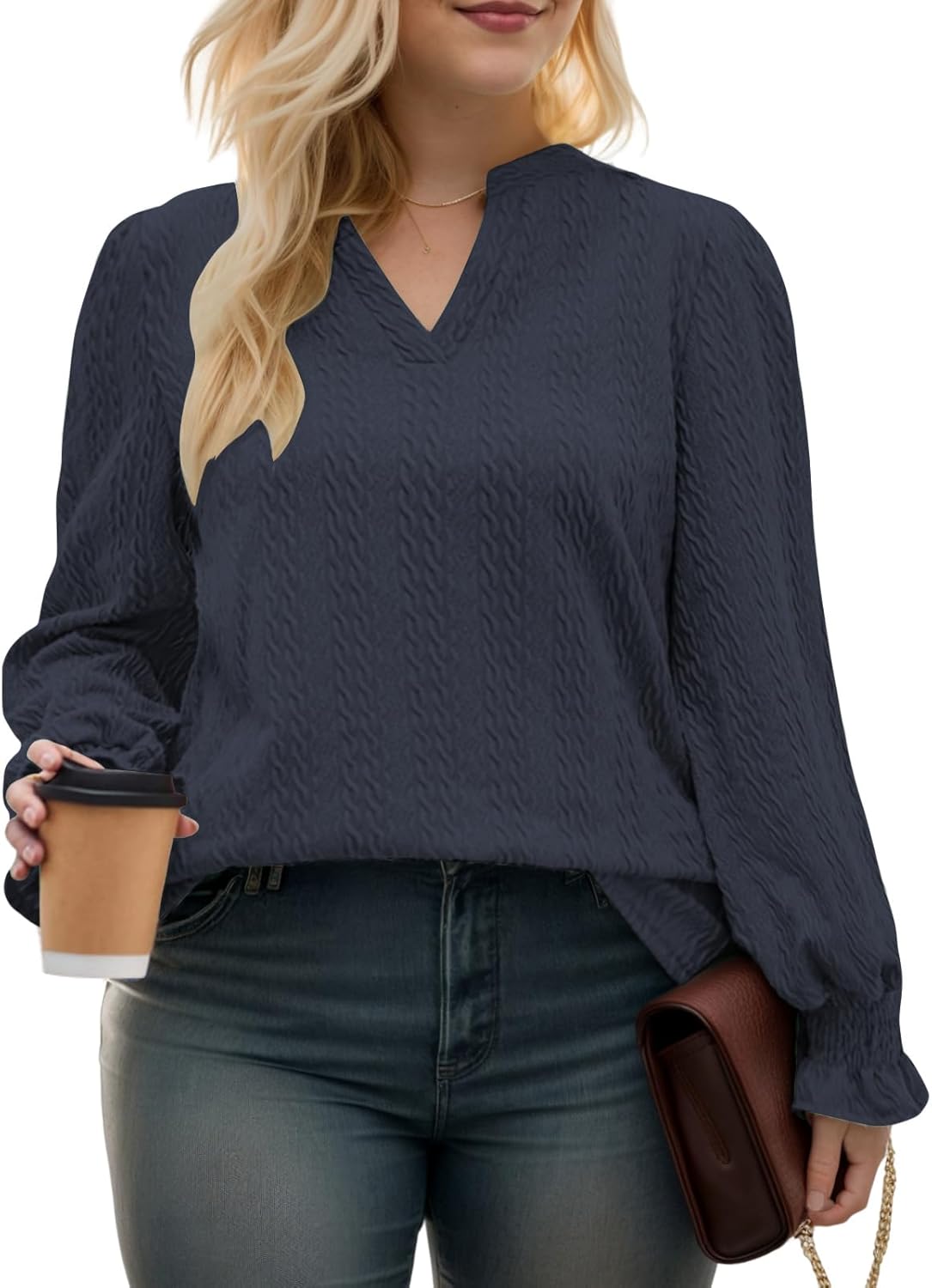 ROSRISS Plus-Size-Womens-Tops Casual Notched V Neck T Shirts Trendy Cute Puff Long Sleeve Tunics Dressy Textured Blouses