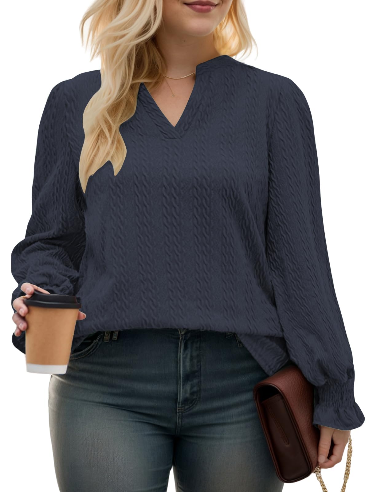 ROSRISS Plus-Size-Womens-Tops Casual Notched V Neck T Shirts Trendy Cute Puff Long Sleeve Tunics Dressy Textured Blouses
