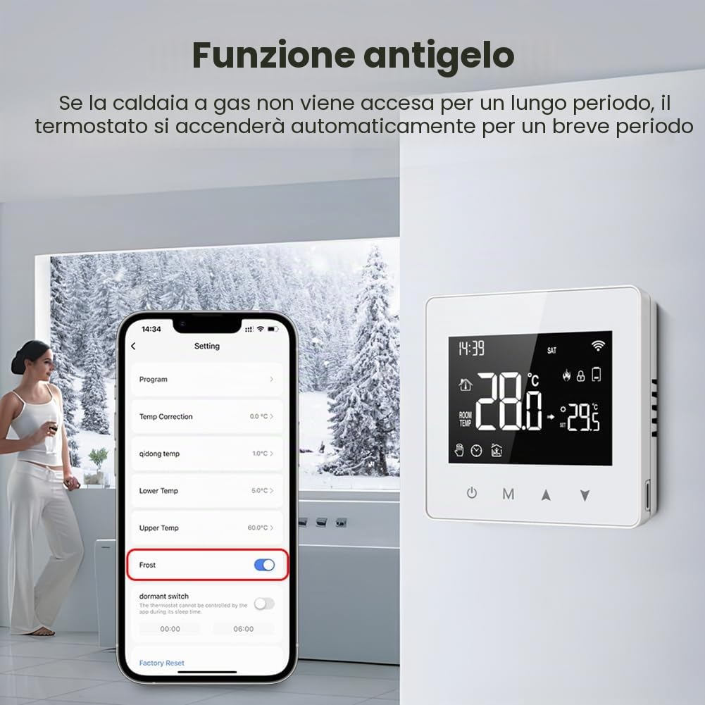 Termostato WiFi, per Smart Life caldaia a gas, regolatore di temperatura touch screen alimentato a batteria con telecomando app, controllo vocale, programmabile settimanalmente