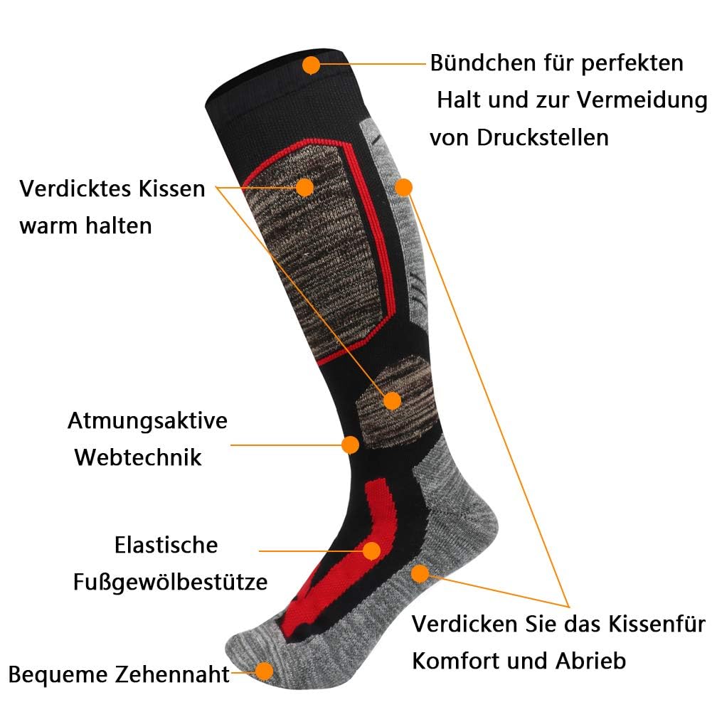 JTENG 2 Paia Calze da Sci, Calzini Invernali Calde al Ginocchio, Calzini Sportivi Termiche Invernali per Touring, Alpinismo, Snowboard