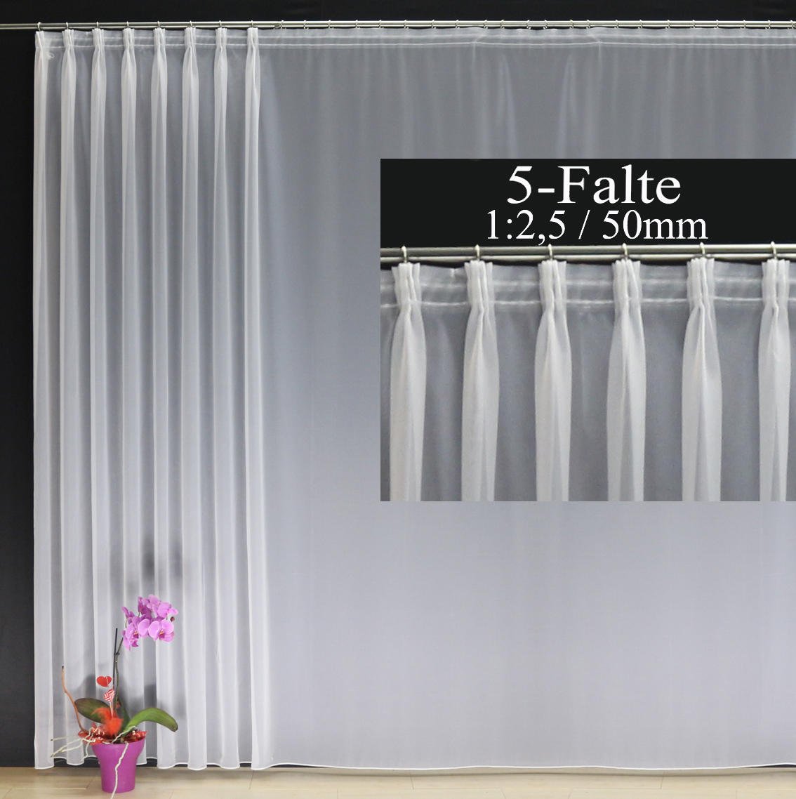 Fertiggardine nach Maß Voile Store weiß, maßgefertigt, halbtransparent mit 5er-FALTENBAND. Größe wählbar (Höhe 80-295 cm, Breite 200-1200 cm), Variante 195 x 750 cm (Höhe x Breite)
