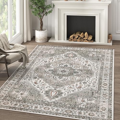 jinchan Area Rug 4x6 Medallion Floral Washable Rug Accent Floor Cover Non Slip Living Room Vintage Mat Retro Thin Soft Carpet for Bedroom Dining Room Kitchen Distressed Blue 4' x 6' (Rectang