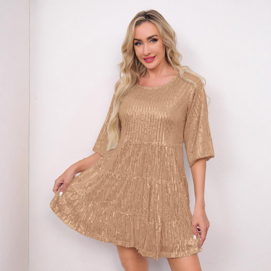 Plustrong Womens Sparkly Glitter Shift Dress Sequin Babydoll Summer Dress Short Flowy Cocktail Party Club Dresses - Image 3