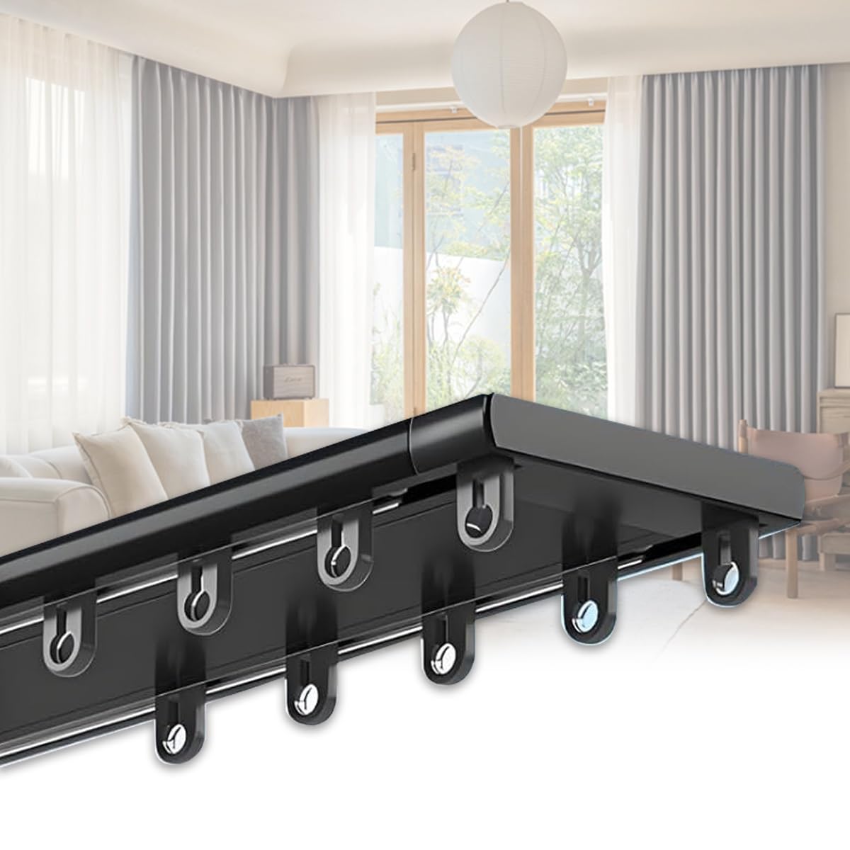 Heavy cichy system podwójnych szyn - zestaw podwójnych szyn aluminiowych 4,3 m (14,1 cala) do montażu sufitowego z haczykami, idealny do sypialni i hoteli, czarny