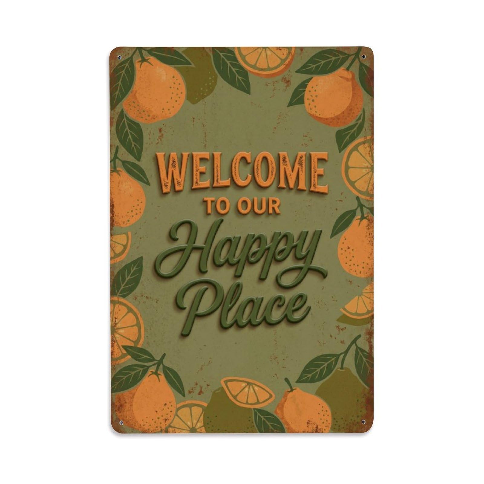 Okngb Style Tripoli Stone Welcome Happy Place Floral Frame Motif Metal Tin Sign Plaque Wall Decor For Cafe, Man Cave, Club Bar, Office, Home Garden Round Metal Poster 8X12inch