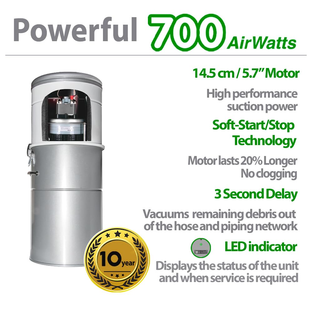 OVO Heavy Duty Powerful Central Vacuum System, Hybrid Filtration (with or Without Disposable Bags) 35L or 9.25Gal, 700 Airwatts with 35ft Deluxe Plus Accessory kit Included