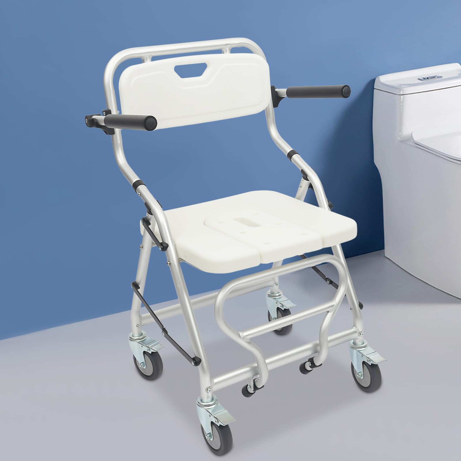 Fotel prysznicowy z kółkami, wózek inwalidzki ze stopu aluminium, udźwig 150 kg, lekki, 4 kółka z hamulcami, ergonomiczny, dla seniorów i osób o ograniczonej mobilności, 55 x 64 x 88 cm