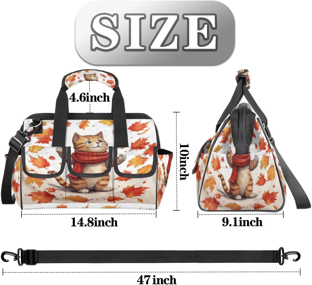 Autumn Cute Cat Heavy Duty Tool Bag for Men Garden Engineer Electrician Carpenter Sturdy Portable Tool Box Organizer Storage with Handle Pockets Strap 15 Inch