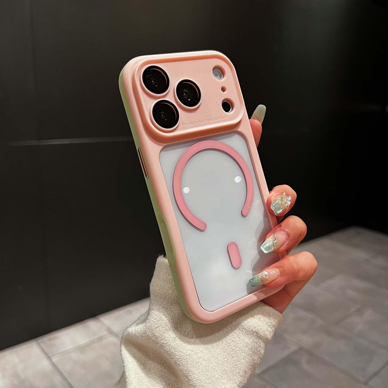 Generic Funda compatible con iPhone 15 Pro Max (color: rosa) Funda magnética a prueba de golpes de silicona rígida transparente