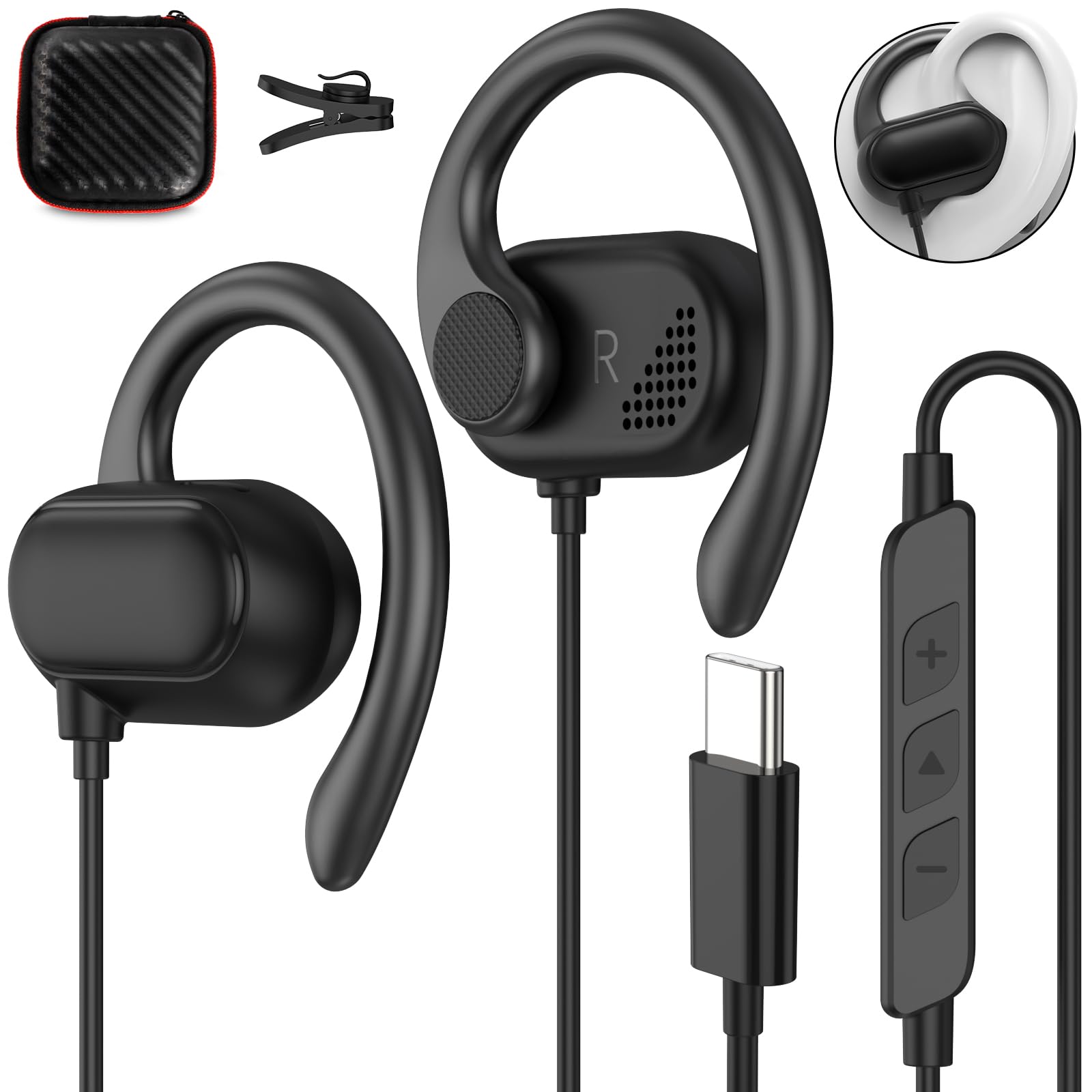 USB C Kopfhörer für iPhone 16 17 Pro 5G,On Ear Typ C Headset USB C Anschluss Ohrhörer mit Kabel Mikrofon mit Ohrhaken für Samsung A56 A37 Galaxy A55 A57 S26 Pixel 9a 10 Poco X8 für Laufen,Gym,Fitness
