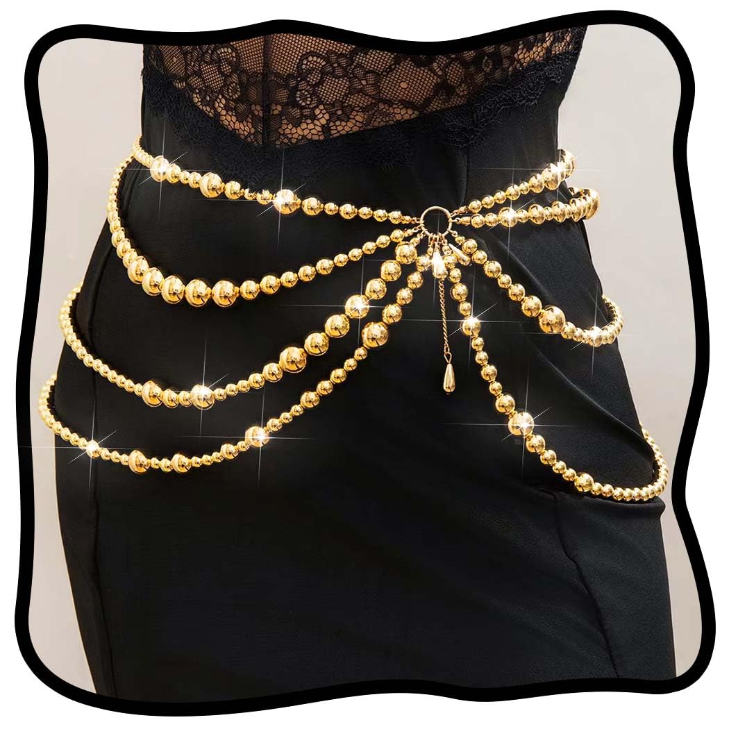 1 Pcs Premium gold Boho Pearl Waist Chain Belt Layered Gold Belly Chains Adjustable Bikini Party Dress Chain Belts Body Jewelry Accessories for Women gold