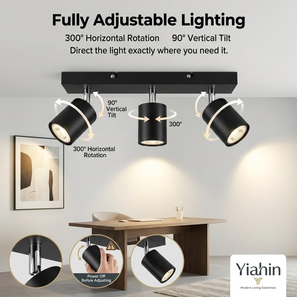 Yiahin Plafonnier LED 3 Spots Noir Orientable avec 3 Ampoules GU10 4000K Blanc Neutre - Barre de Spots Rectangulaire Métal - Éclairage Naturel Prêt à l'Emploi pour Cuisine, Couloir et Dressing