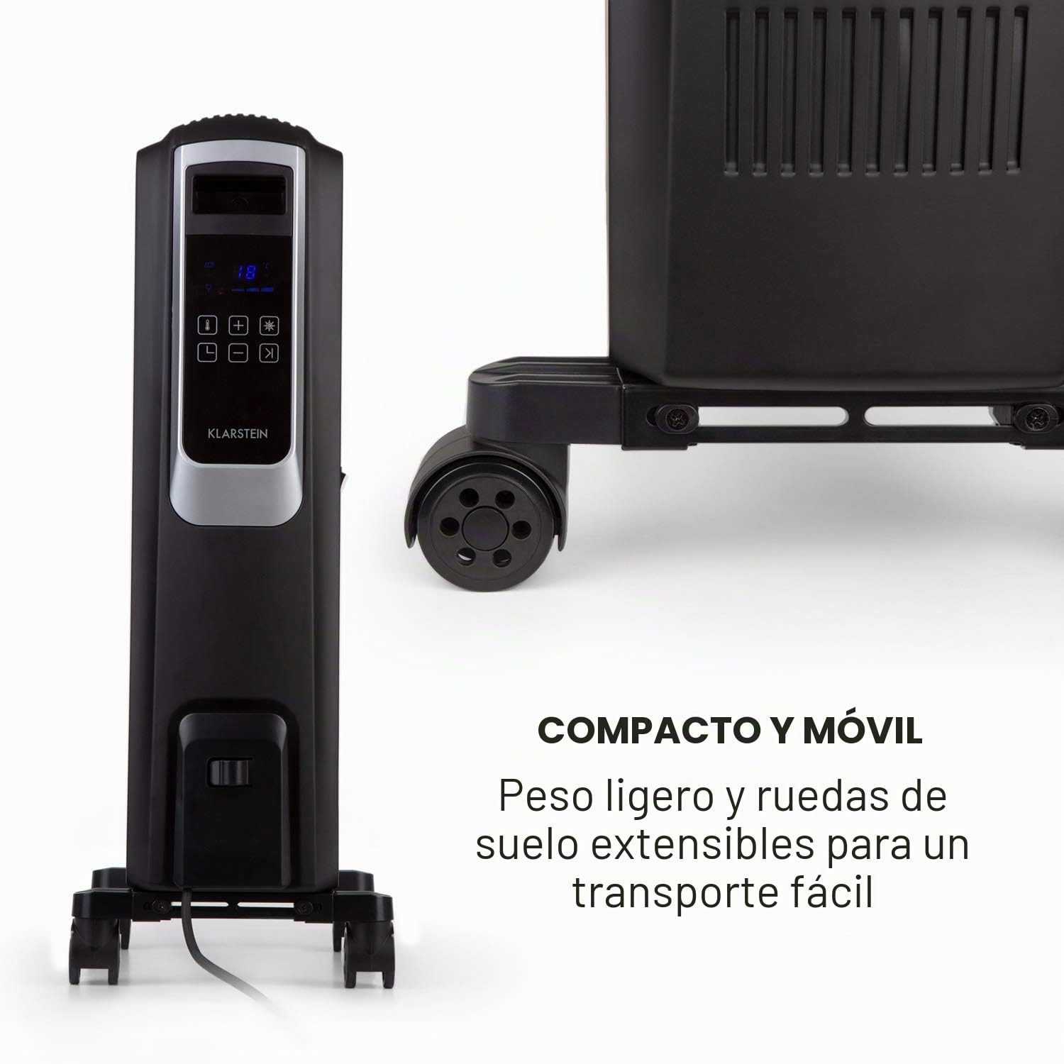 Klarstein Thermaxx Noir - Radiador de aceite de 2500W de potencia, 3 niveles, rango de temperatura: 10 – 30°C, temporizador 24h, función de encendido/apagado, tubo de calefacción doble U, negro