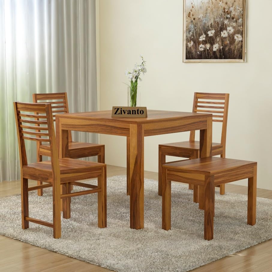 Image of Sheesham Wood Dining Table 4 Seater | Square Four Seater Dinning Table with 3 Chairs & 1 Bench for Home | Wooden Kitchen Dinner Table 4 Seater | Dining Room Sets for Restaurants | Teak Finish