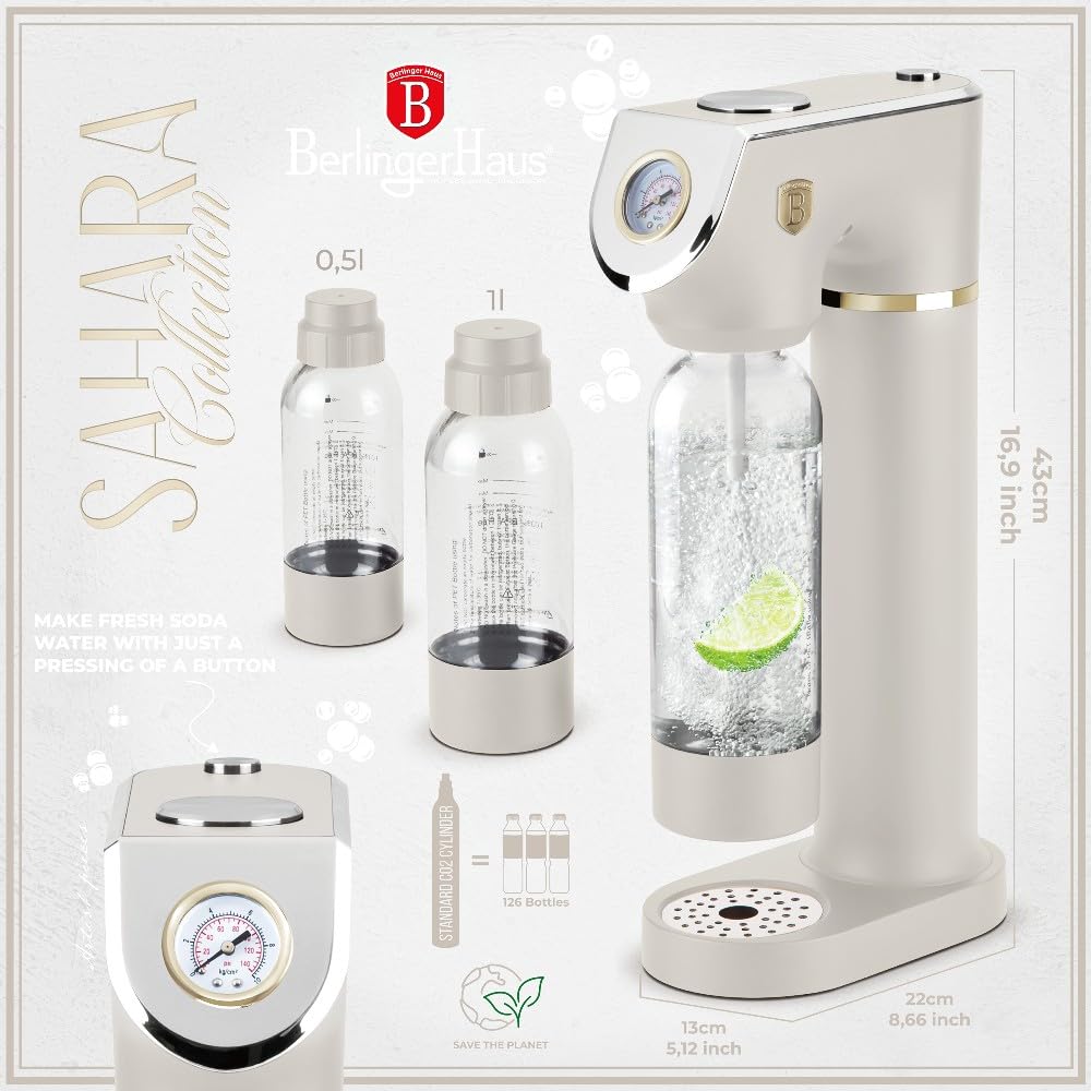 Berlinger Haus Sodabar Machine à gazéifier avec baromètre (avec 2 bouteilles de 1 l et 0,5 l)