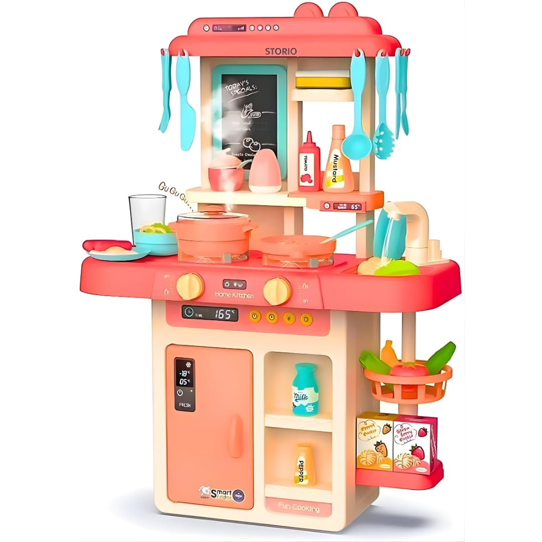 Toys Kitchen Set for Kids Girls Big Cooking Set Light and Sound Pretend Play Toy Battery Operated with Accessories, acrylonitrile butadiene styrene, Pink