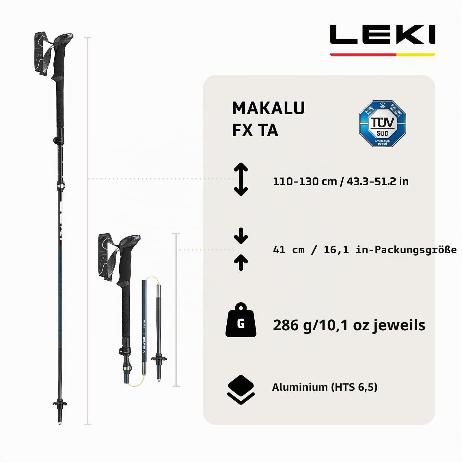 LEKI Makalu FX TA Klappbare Trekkingstöcke aus Aluminium (100-130 cm) mit Trekkingplatte, verstellbar mit Aergon Air Griff