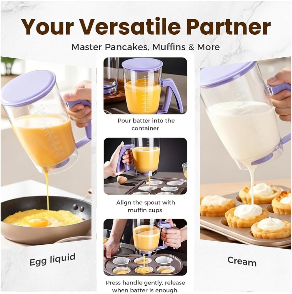 Pancake Batter Dispenser with Measuring Label, 900ml Cupcake Batter Dispenser with Squeeze Handle, for Muffins, Crepes, Cakes