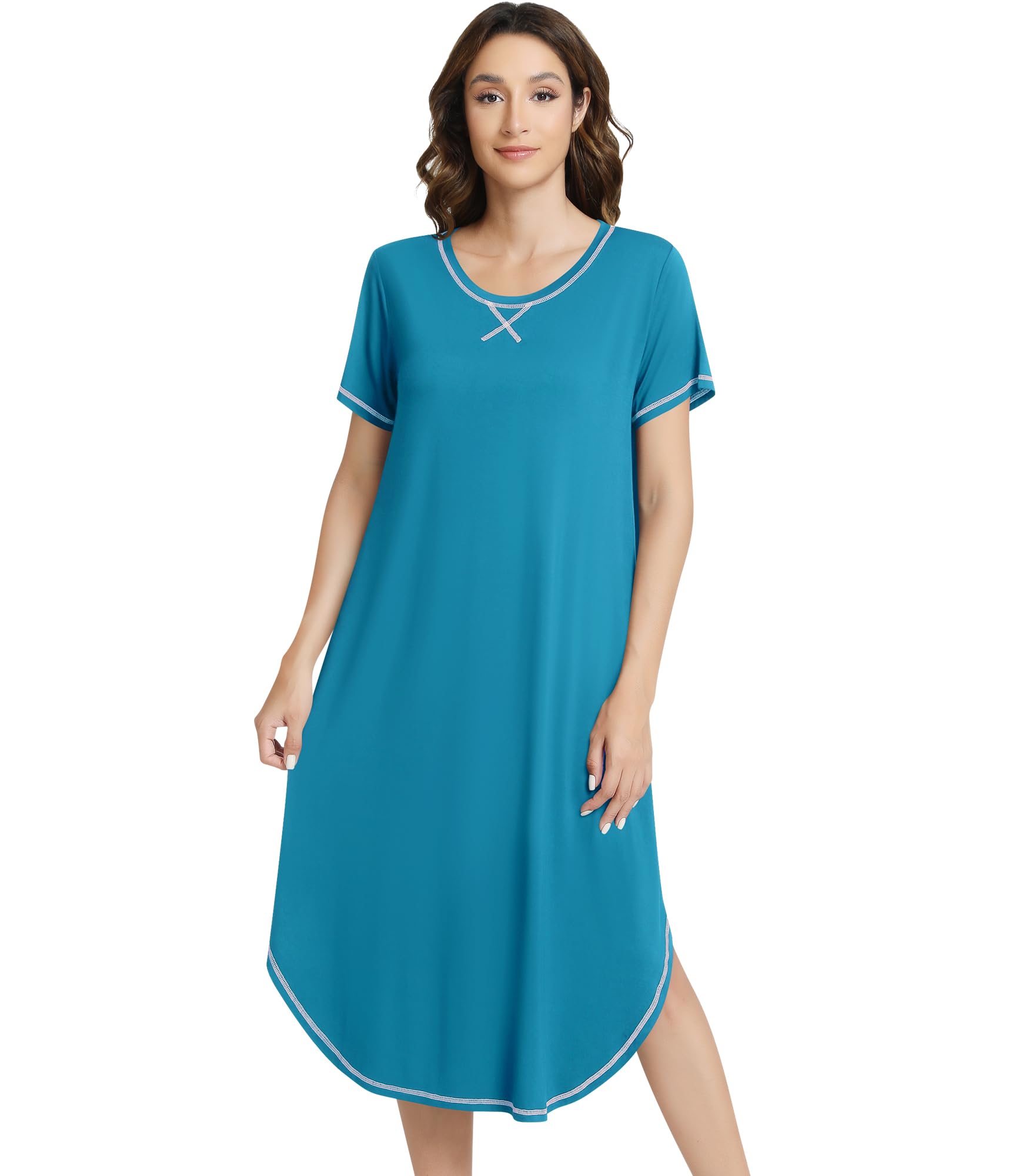 NACHILA Women's Bamboo Viscose Nightgown Short Sleeve Crew Neck Sleepwear | Curved Hemline Sleep Shirt, Stylish Contrast Color Trim, Lightweight Loungewear, Unrestricted Movement, Daily Relaxation