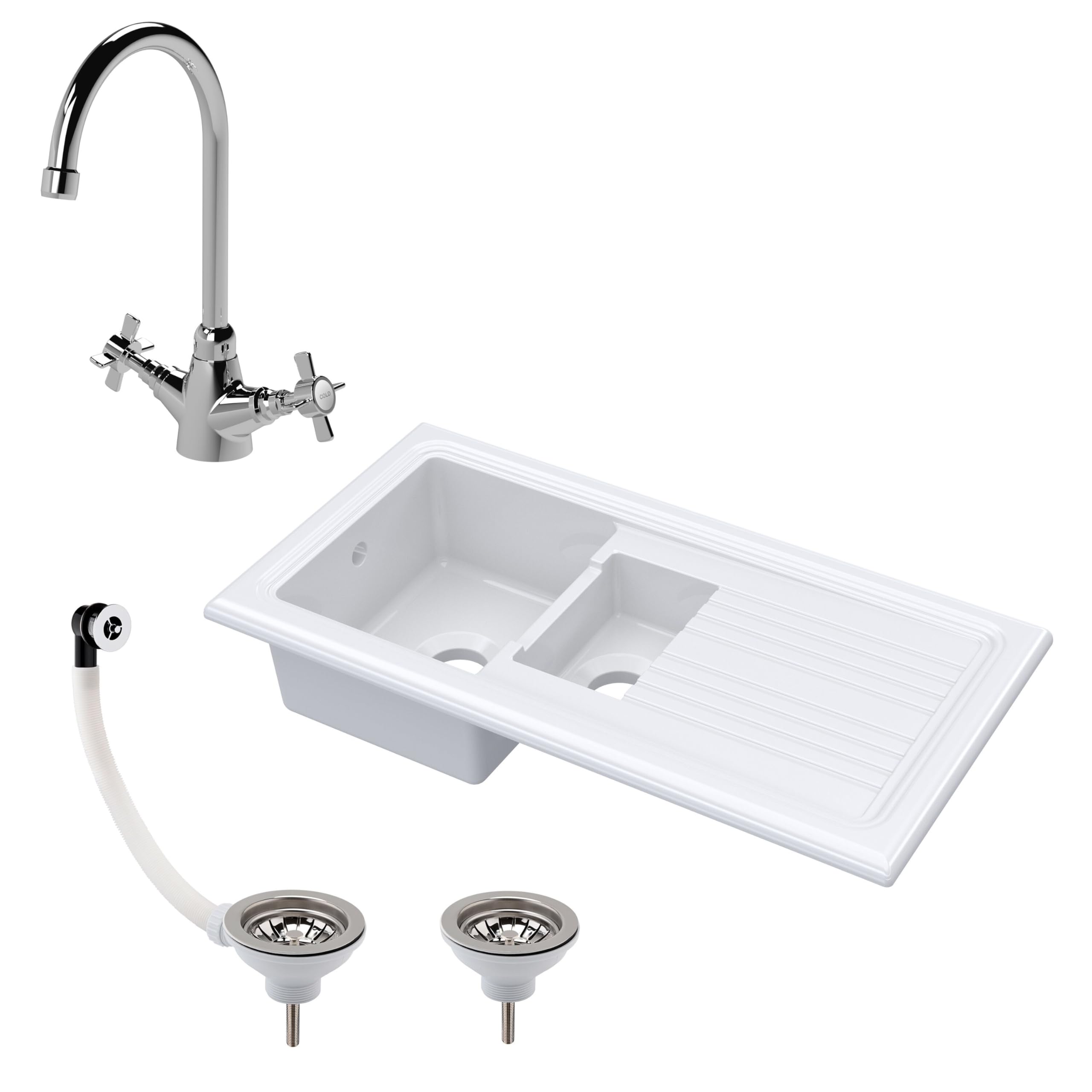 Balterley Ceramic Kitchen Sink with Drainer, Mixer Tap, Waste with Overflow, 101cm Inset Counter Top, 1.5 Reversible Double Bowl Fireclay White Sink with Mono Crosshead Tap (White/Chrome)