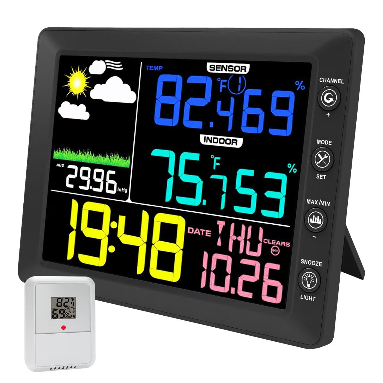 Wireless Color Weather Station, 10 Inch Indoor Outdoor Thermometer Clock with Dew Point, Temperature, Humidity, Weather Forecast