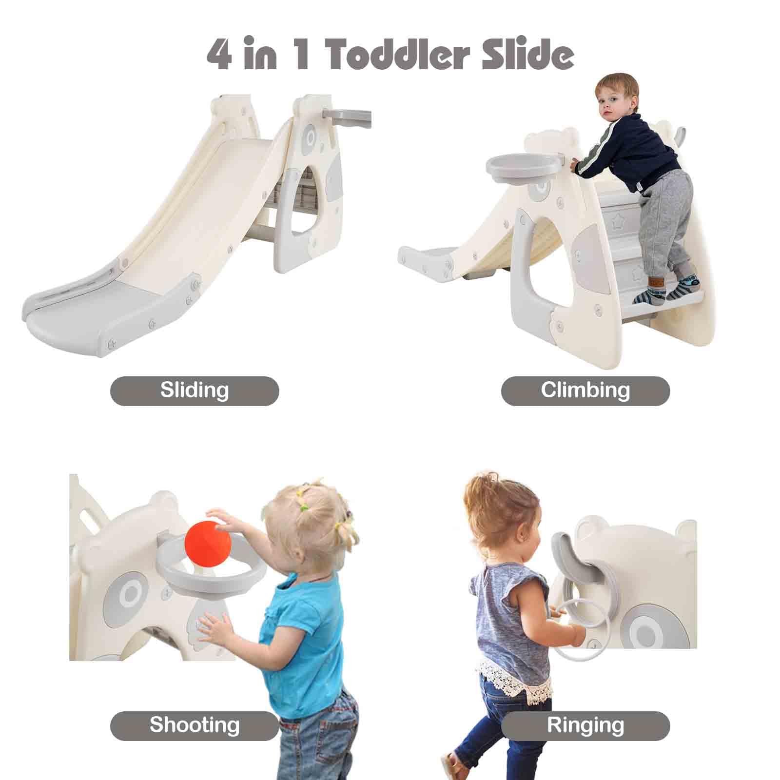 HOMASIS 4 in 1 Scivolo per Bambini con Canestro da Basket, Pallina, Anelli, Scivolo Pieghevole per Bambini, Gioco da Arrampicata per Interni ed Esterni per 3+ Anni (Grigio, Panda, 148 x 71 x 67 cm)