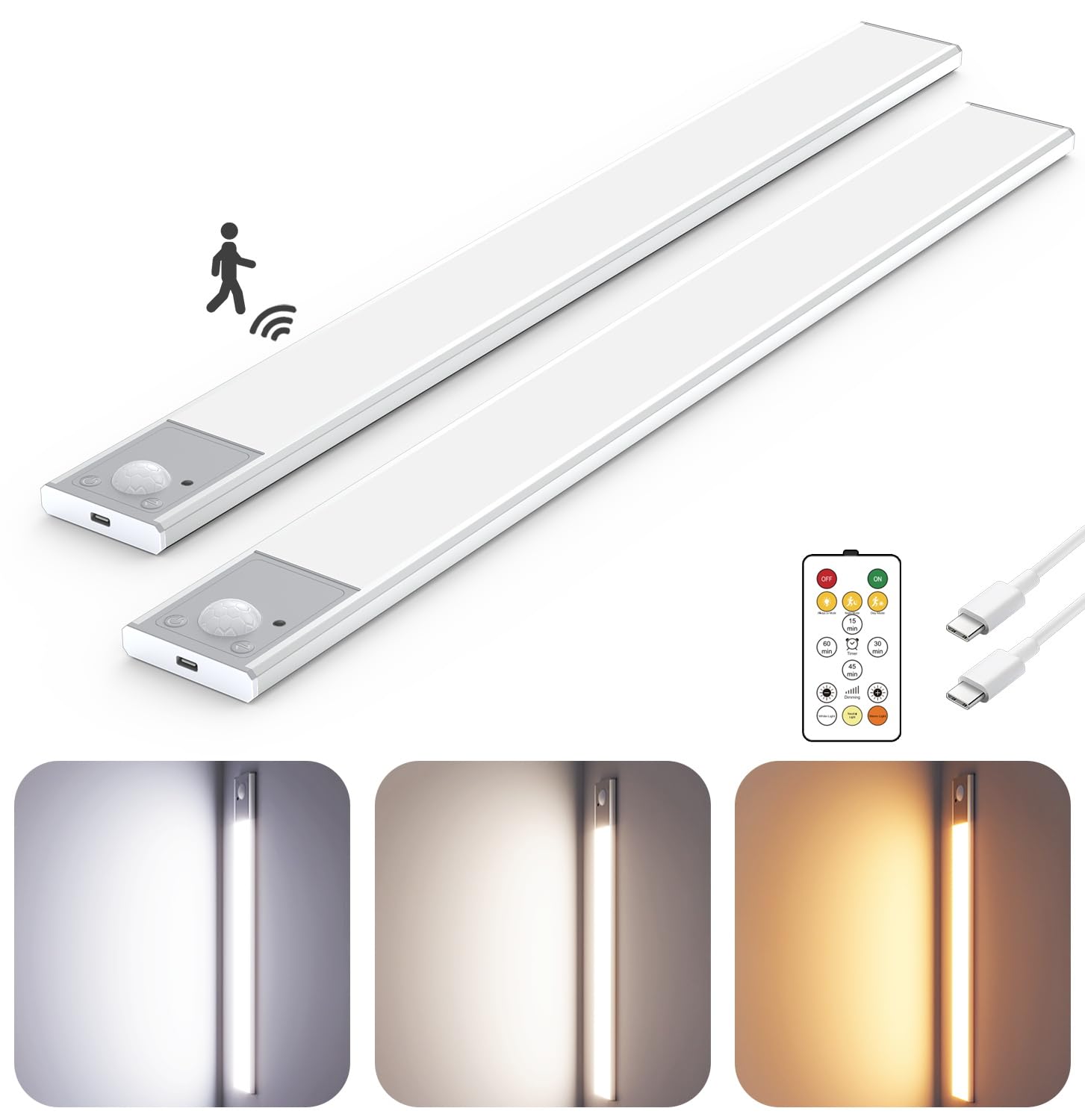 16" Ultra-Thin Under Cabinet Lighting Wireless, Aluminum Alloy Under Counter Lights for Kitchen, 3-Color-Temps Magnetic Closet Lights, Rechargeable Motion Sensor Light Indoor (2 Pack, Silver)