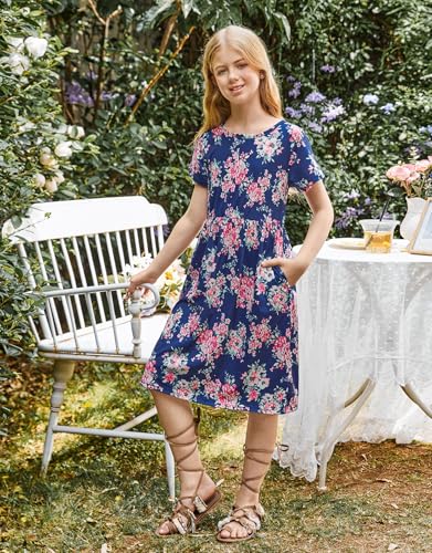 21KIDS Girl Maxi Dress Floral Short Sleeve Dresses with Pockets for Girls 6-14 Years4