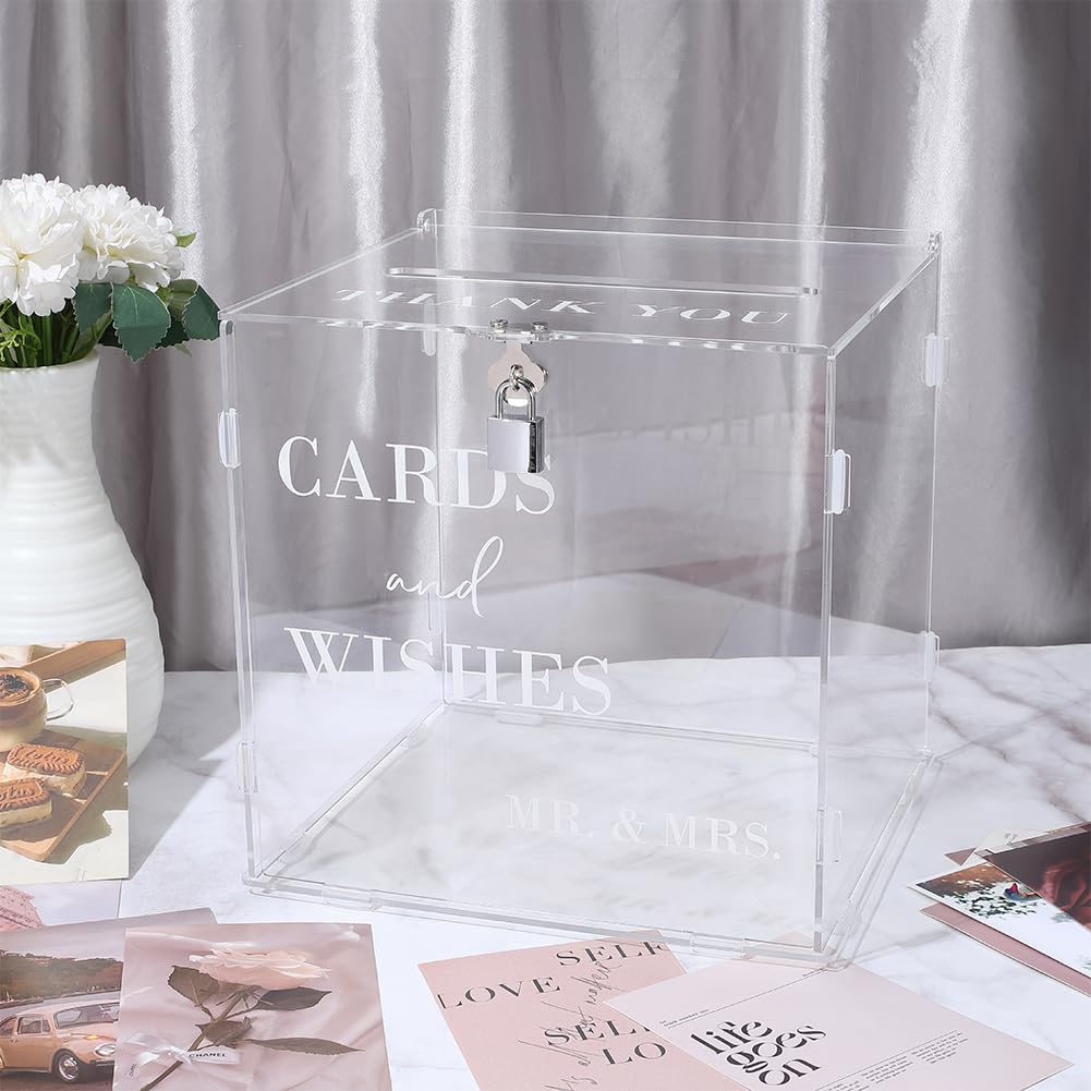 WADORN Scatola per biglietti di nozze in acrilico trasparente con chiusura a fessura, grande scatola per biglietti di ringraziamento (25 x 23 x 25 cm), per buste regalo come decorazione da tavolo, per