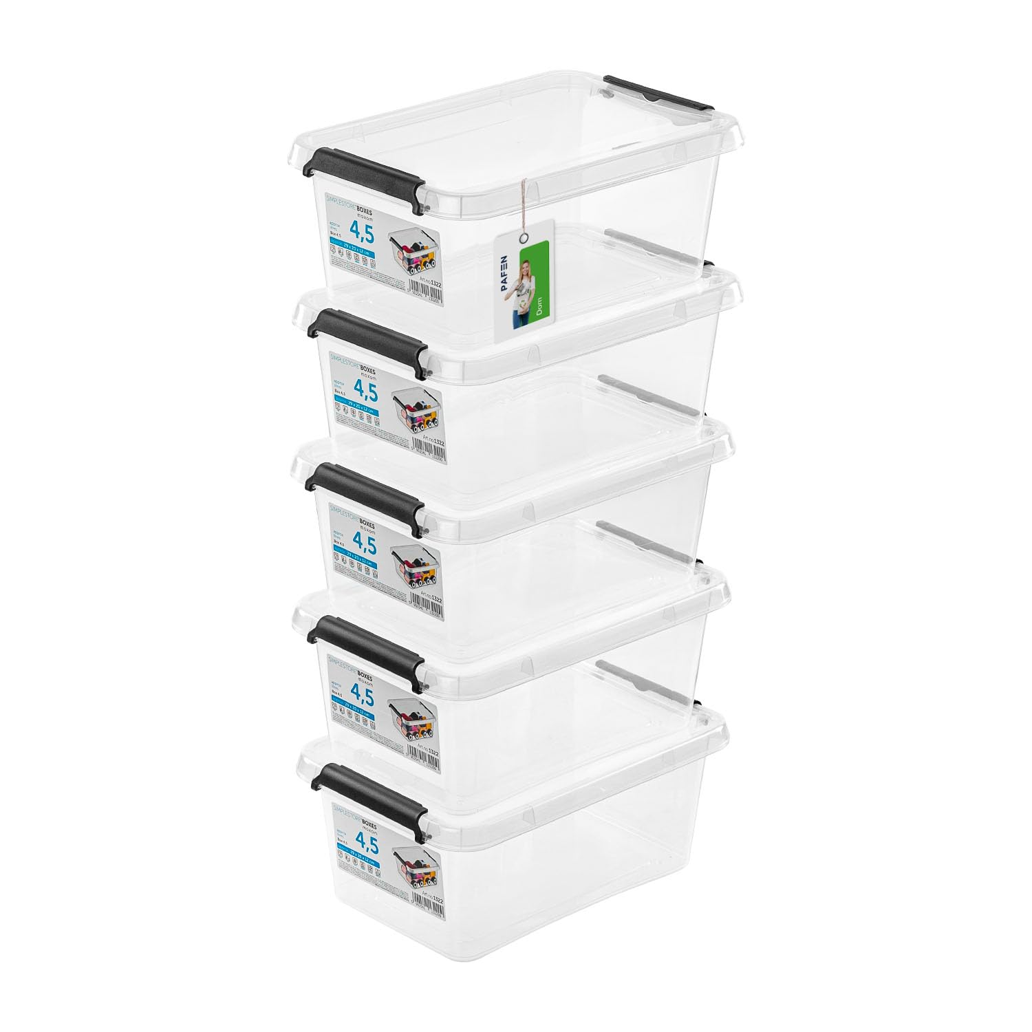 PAFEN 5x Pojemnik do Przechowywania z Pokrywą 4,5l - 29x20x12cm – Zestaw Przezroczyste Pudełka, z Tworzywa Sztucznego, do Sztaplowania, Zamykane na Zatrzask